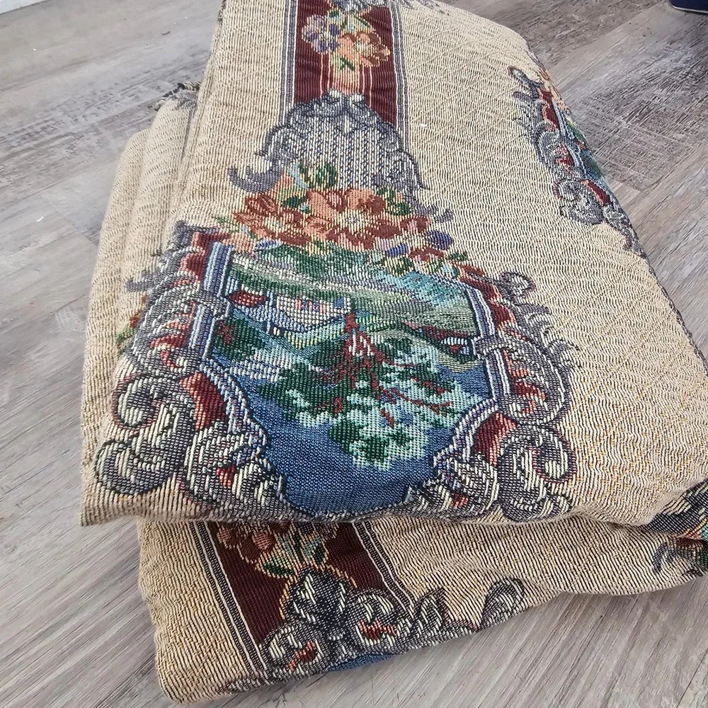 Vintage Woven Tapestry Landscape Panel Floral Scroll Border Pastoral Scene Art‎